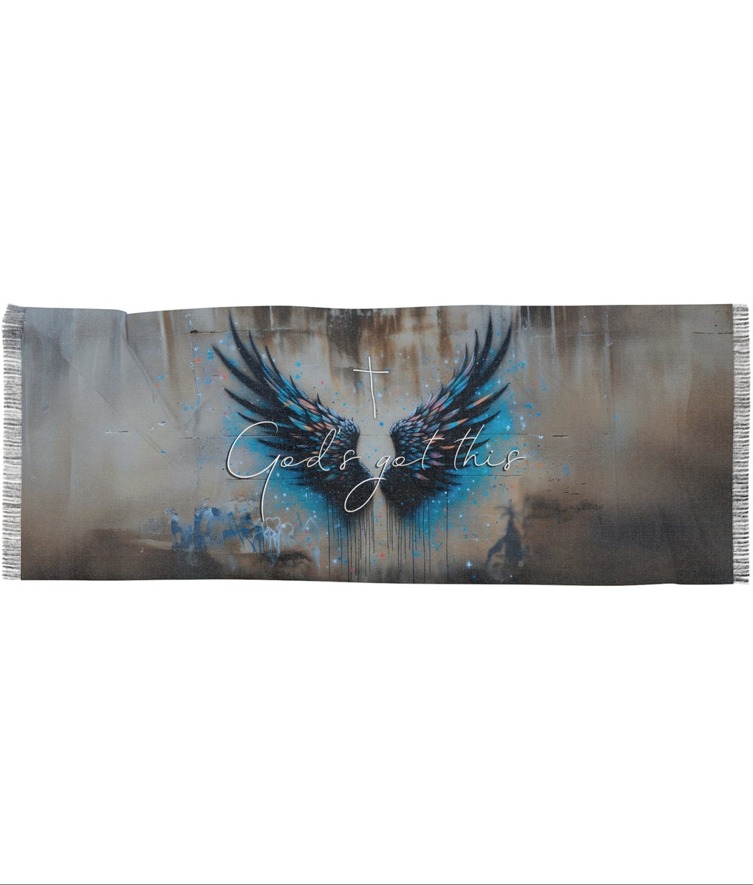 Decorative scarf with wings and 'God's got this' text on a textured background