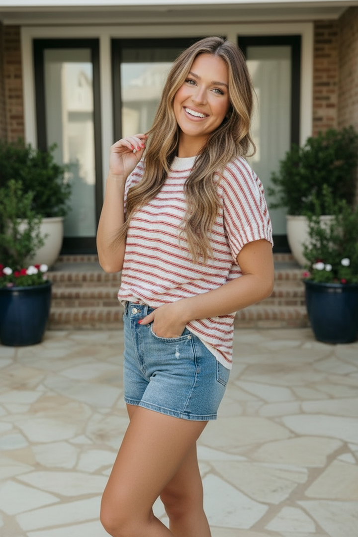Breezy Stripe Knit Top in Ivory and Red    Joy & Country