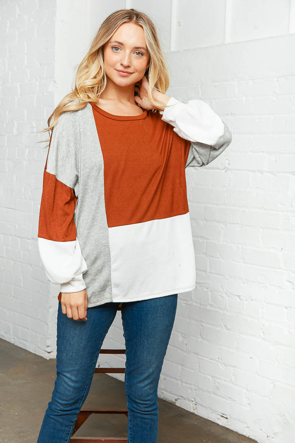 Two-Tone Soft Color Block Sweater Top