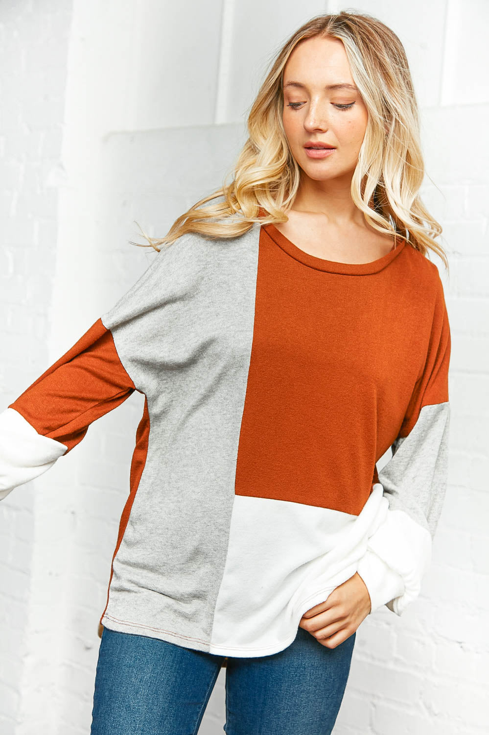 Two-Tone Soft Color Block Sweater Top