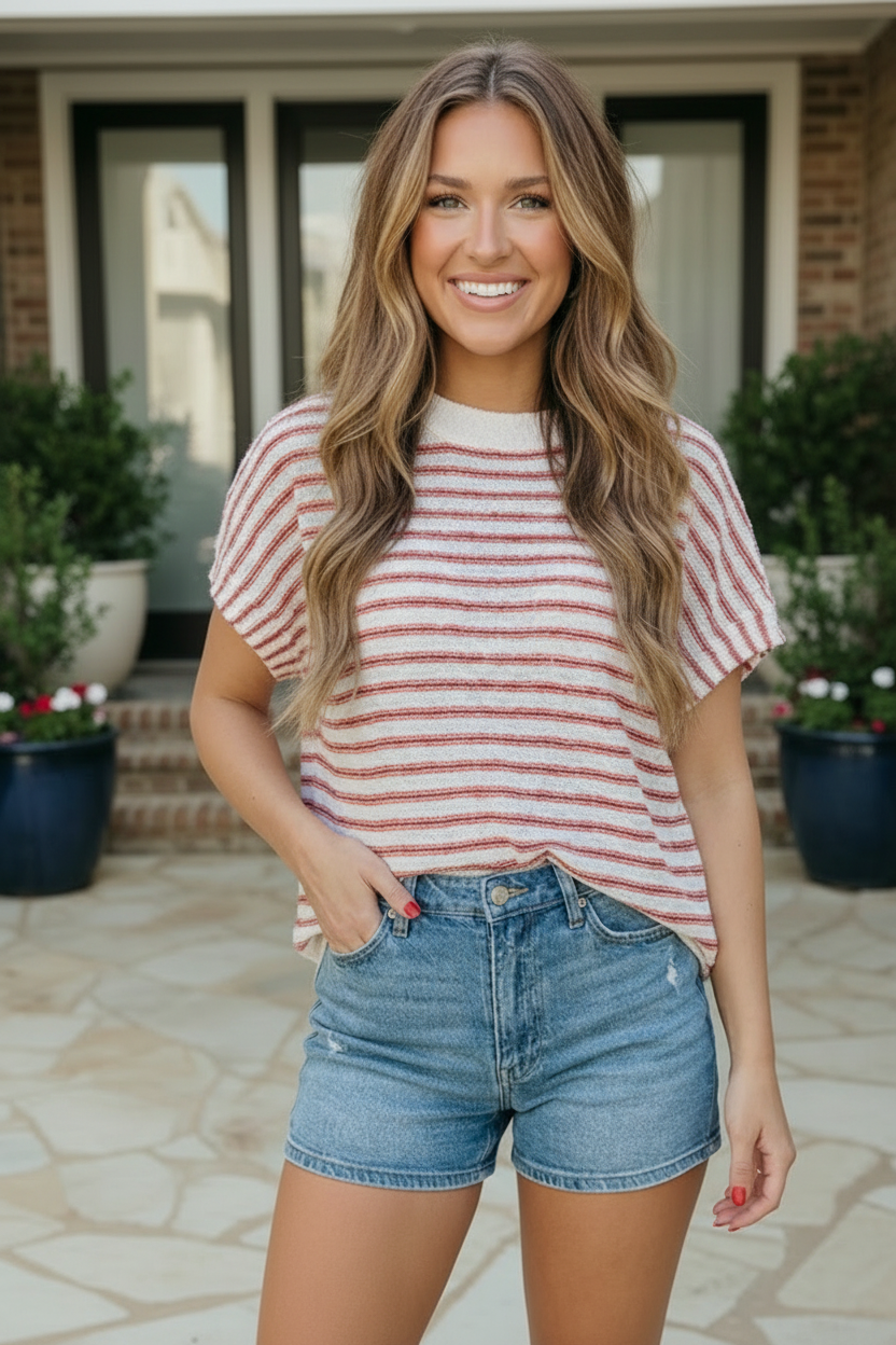 Breezy Stripe Knit Top in Ivory and Red    Joy & Country