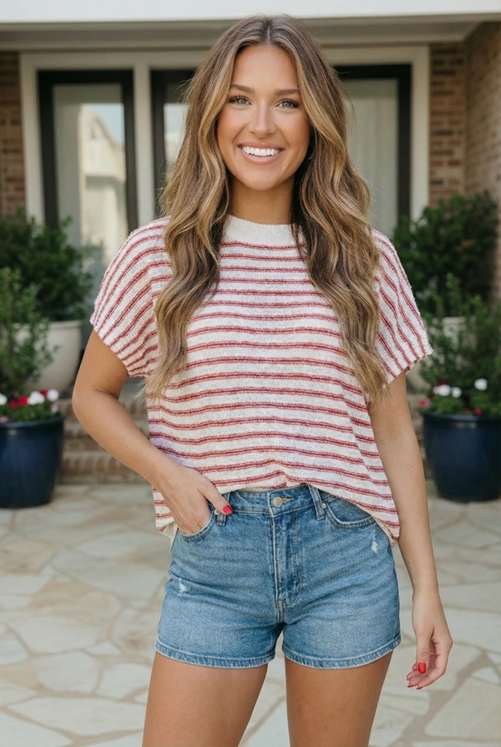 Breezy Stripe Knit Top in Ivory and Red    Joy & Country