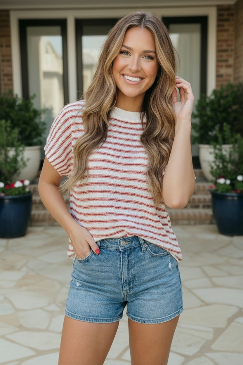 Breezy Stripe Knit Top in Ivory and Red    Joy & Country