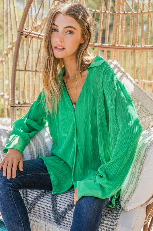 The Grass is Always Greener Pleated Silk Blouse    Joy & Country