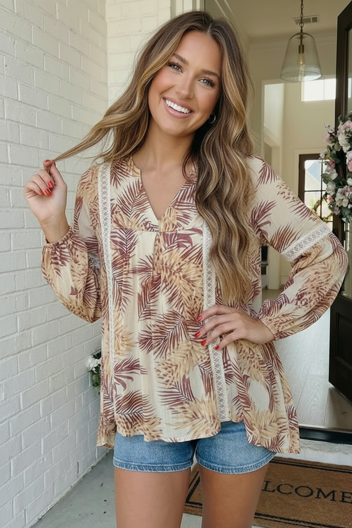 Tropical Palms Boho Babydoll Top    Joy & Country