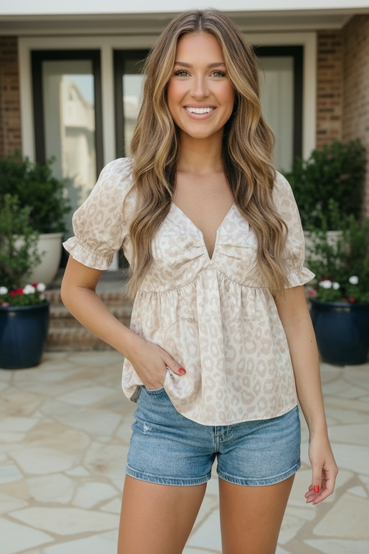 Satin Animal Print Puff Sleeve Babydoll Top    Joy & Country