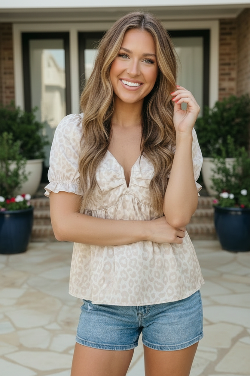 Satin Animal Print Puff Sleeve Babydoll Top    Joy & Country