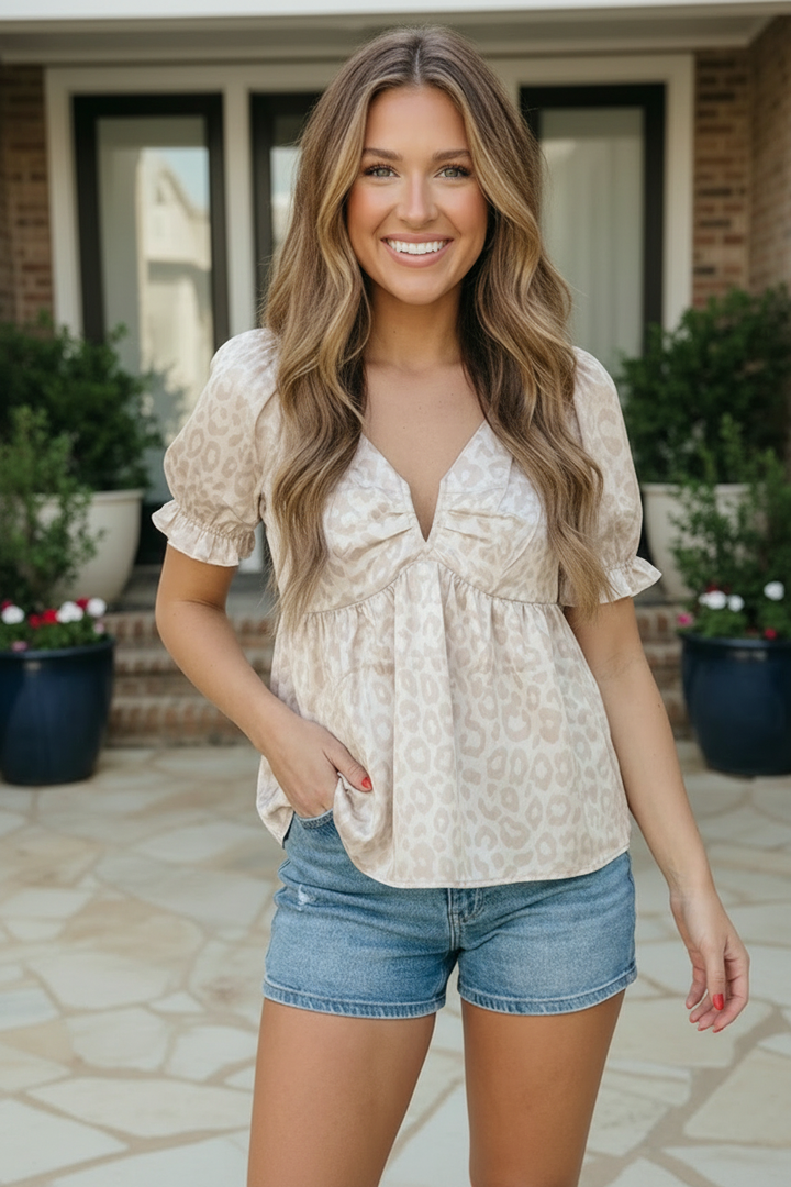 Satin Animal Print Puff Sleeve Babydoll Top    Joy & Country