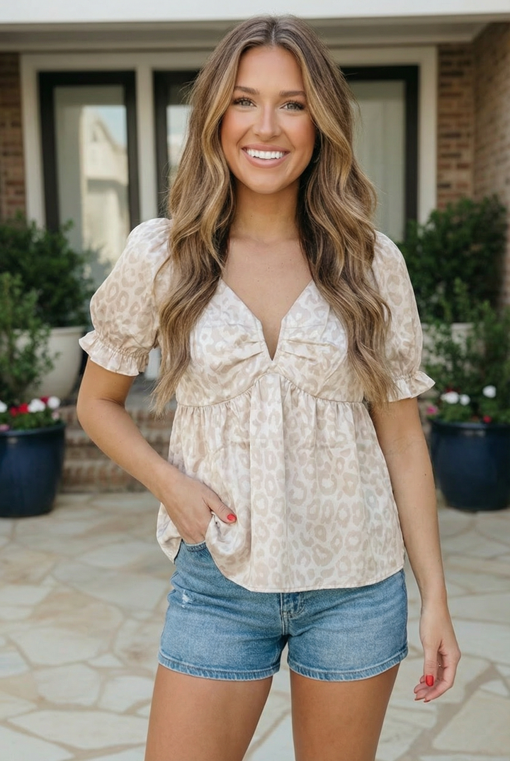 Satin Animal Print Puff Sleeve Babydoll Top    Joy & Country