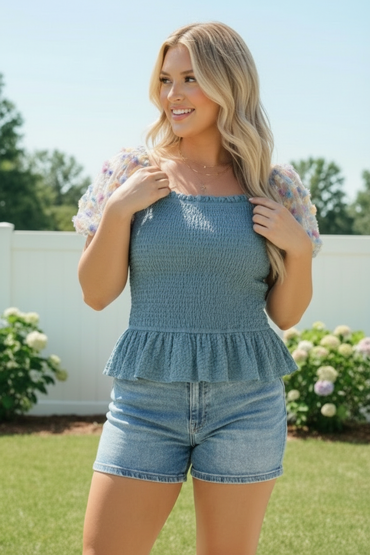 Romance in Bloom Puff Sleeve Peplum Top