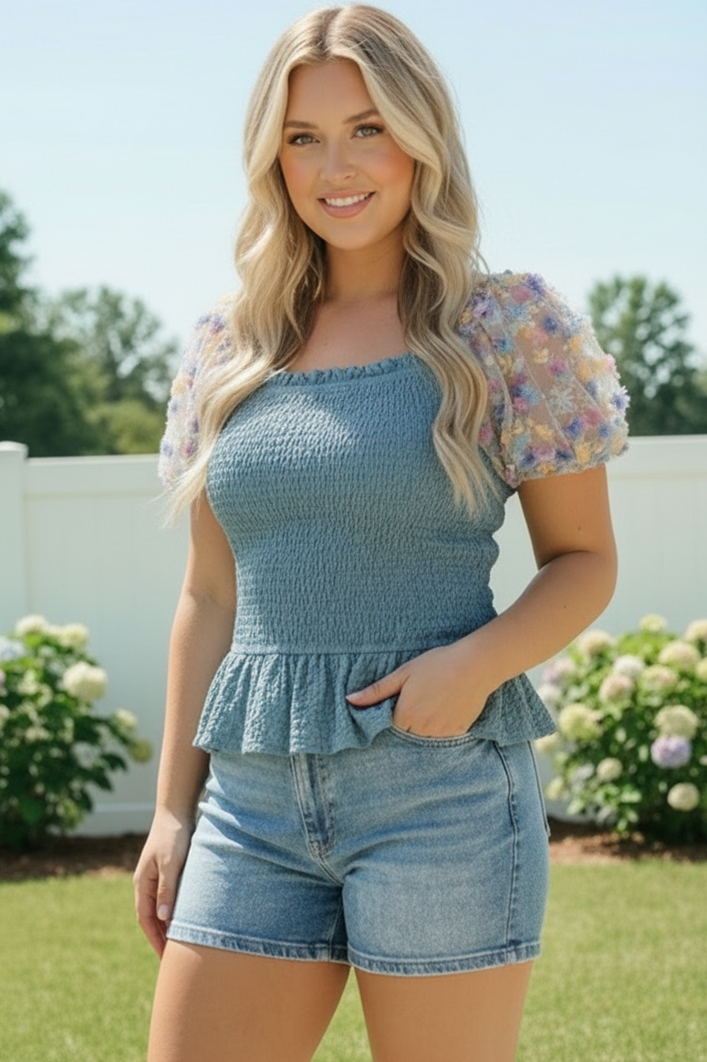 Smocked Peplum Top with Floral Puff Sleeves    Joy & Country