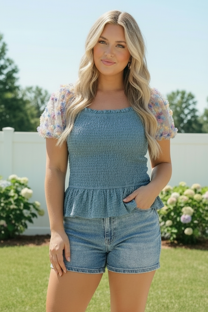 Smocked Peplum Top with Floral Puff Sleeves    Joy & Country