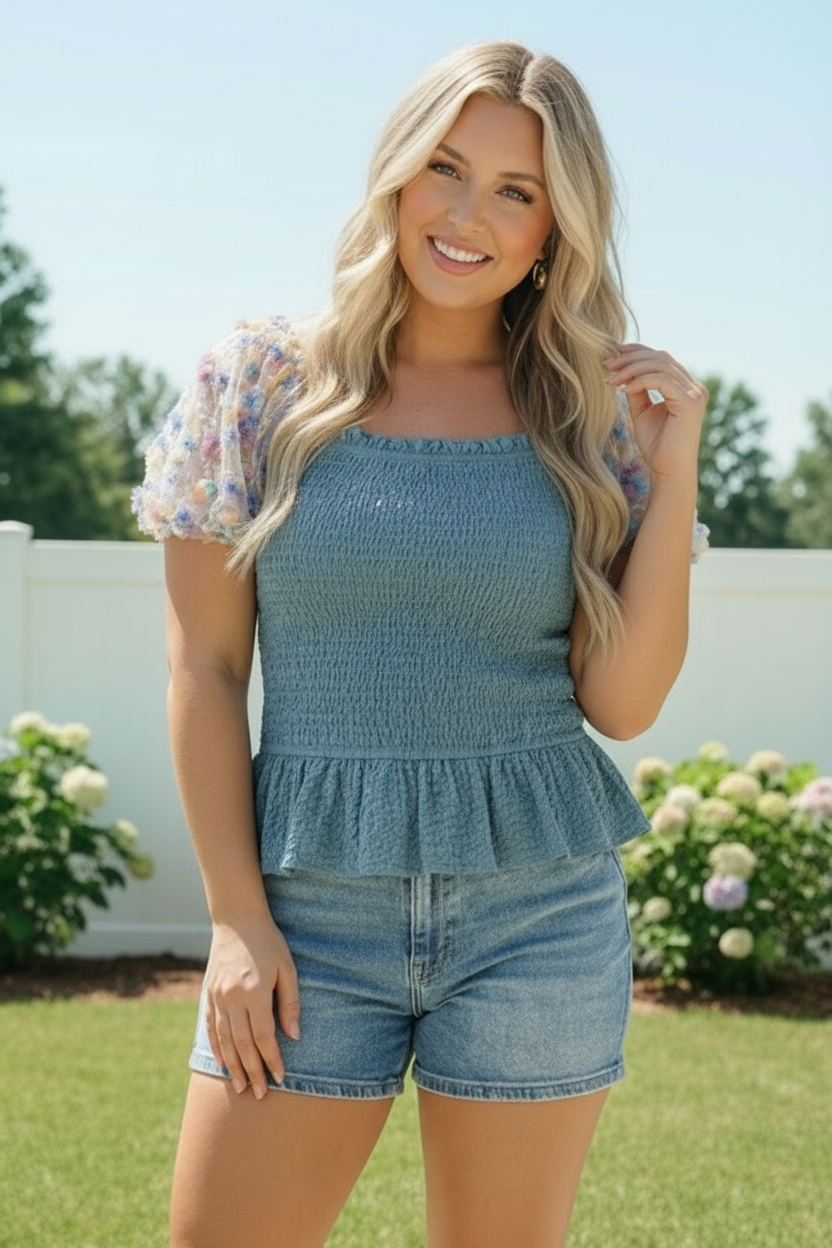 Smocked Peplum Top with Floral Puff Sleeves    Joy & Country