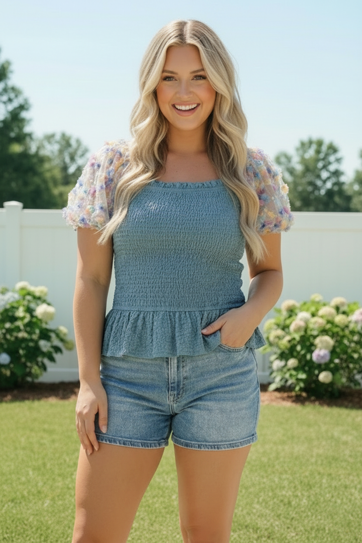 Smocked Peplum Top with Floral Puff Sleeves    Joy & Country