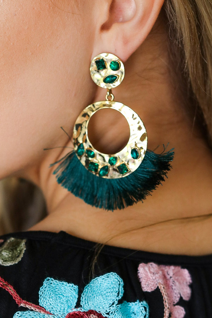 Rhinestone Tassel Earrings - Emerald