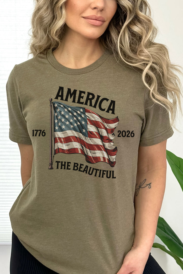 America the Beautiful Waving Flag 1776–2026 - Unisex Crew-Neck Tee   T-Shirt Joy & Country