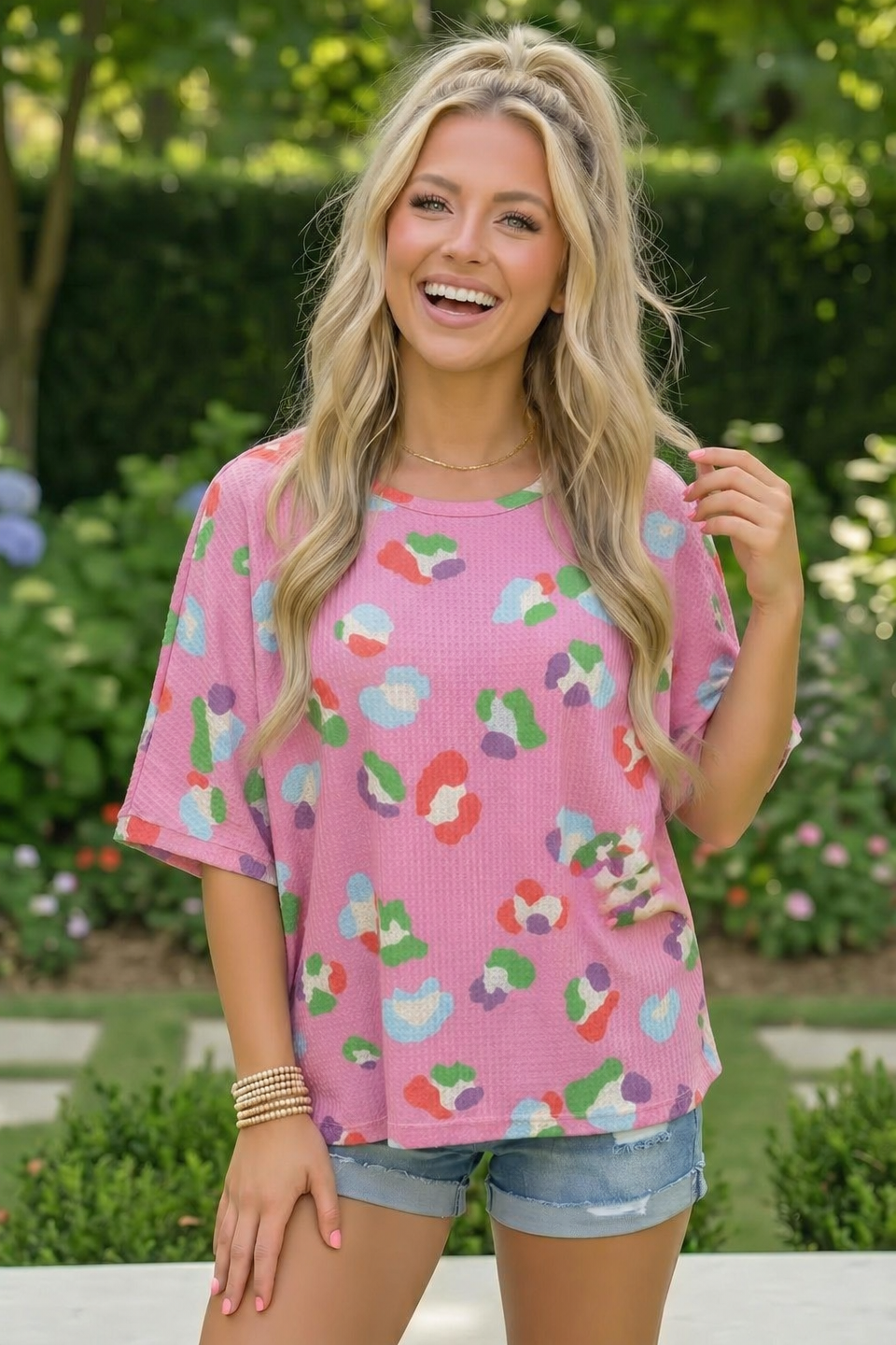 Colorful Leopard Print Waffle Knit Top in Pink    Joy & Country
