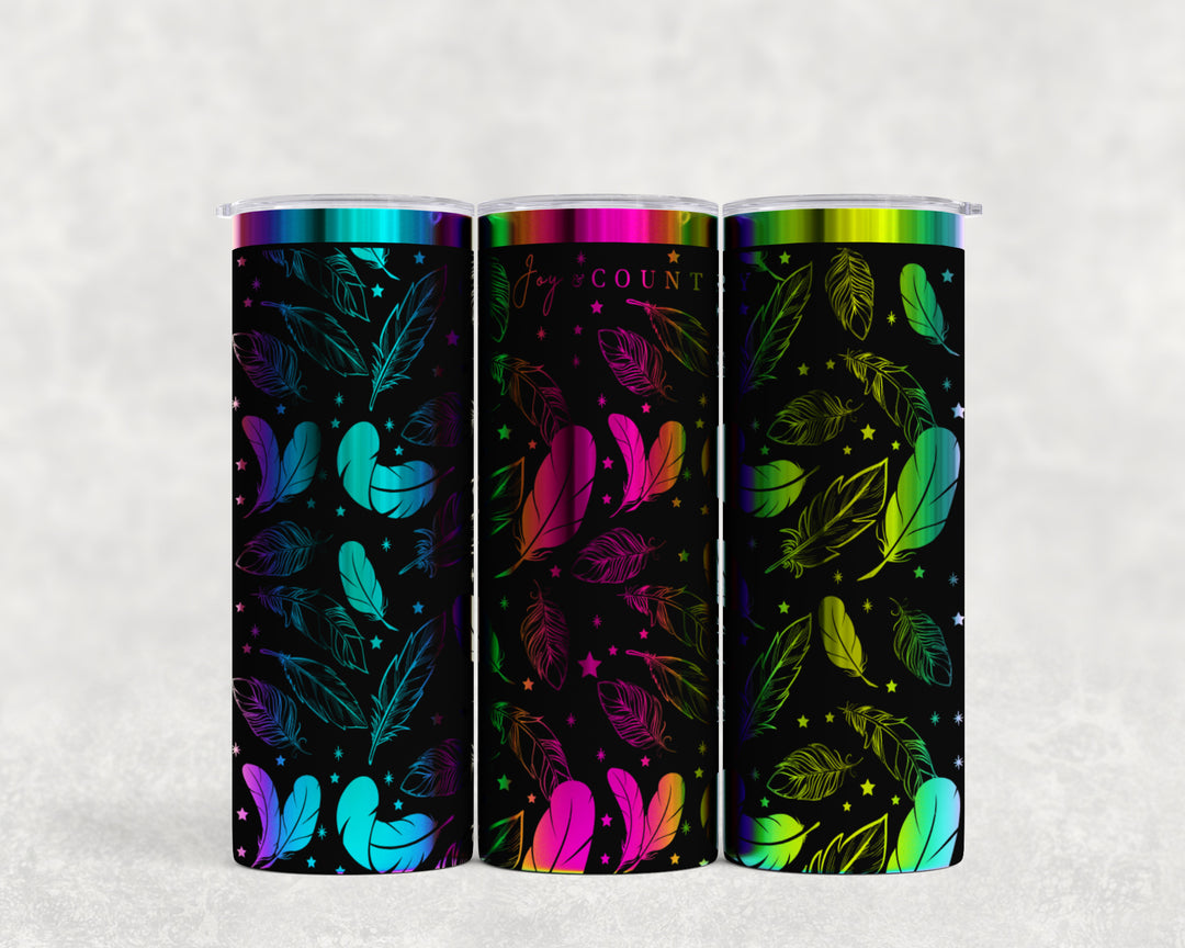 [PRE-ORDER] Whispers Of Faith Multi-Feather Design Multicolor Iridescent - 20 oz. Stainless Steel Laser-Engraved Skinny Tumbler [SHIPS IN 1-2 WEEKS] - Joy & Country