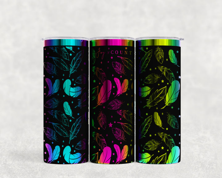 [PRE-ORDER] Whispers Of Faith Multi-Feather Design Multicolor Iridescent - 20 oz. Stainless Steel Laser-Engraved Skinny Tumbler [SHIPS IN 1-2 WEEKS] - Joy & Country