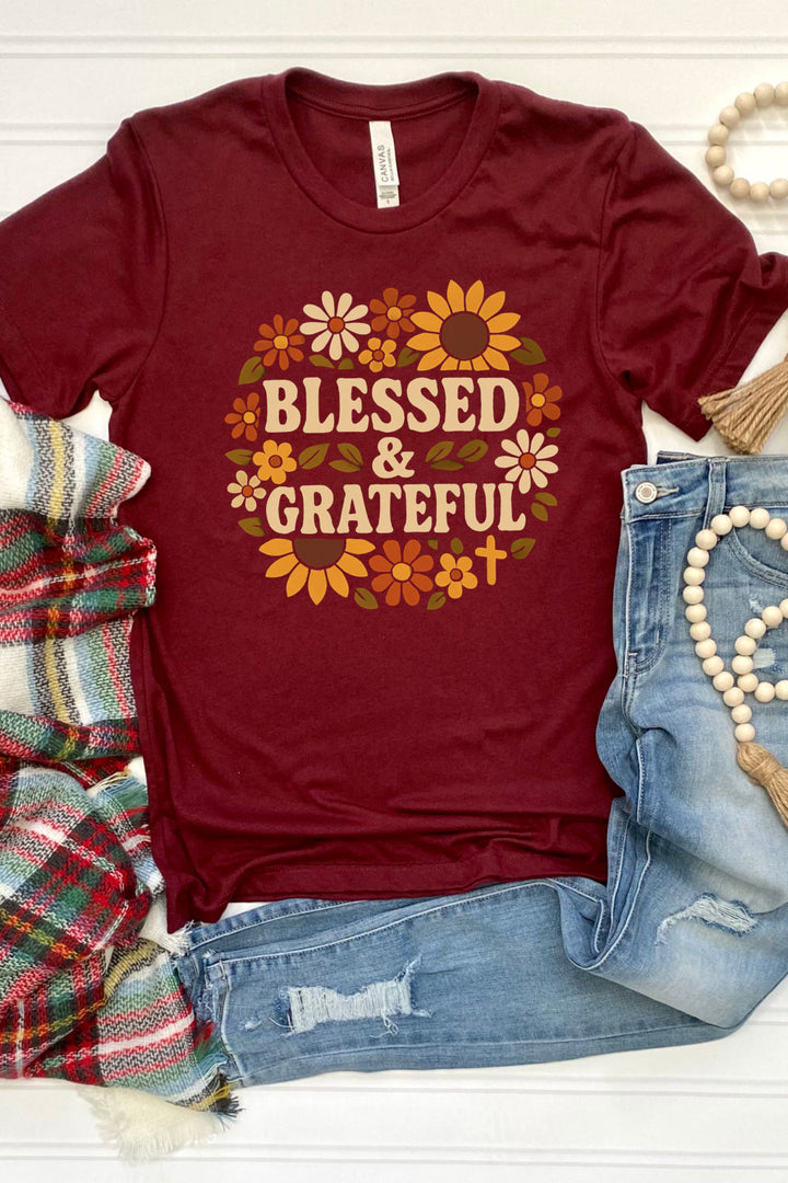 Blessed & Grateful Floral Wreath - Unisex Crew-Neck Tee   T-Shirt Joy & Country