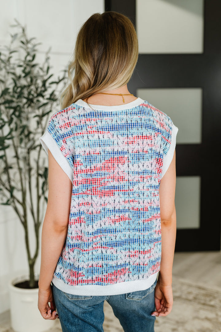 Blurred Beauty Textured Knit Top in Blue, Red and White   Womens Joy & Country