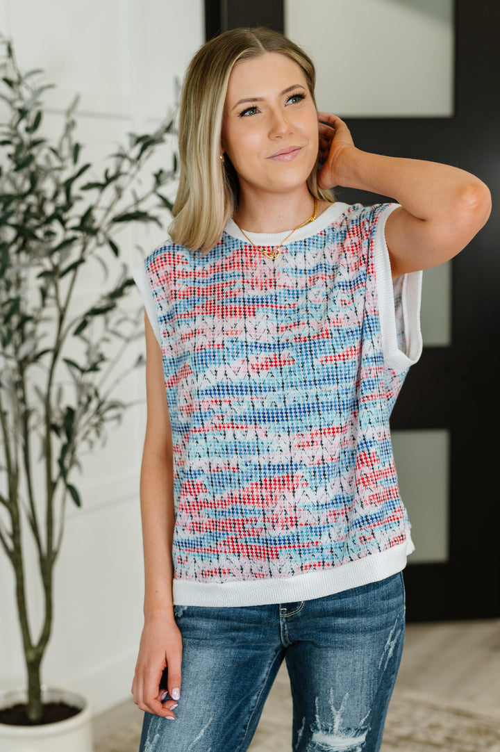 Blurred Beauty Textured Knit Top in Blue, Red and White   Womens Joy & Country