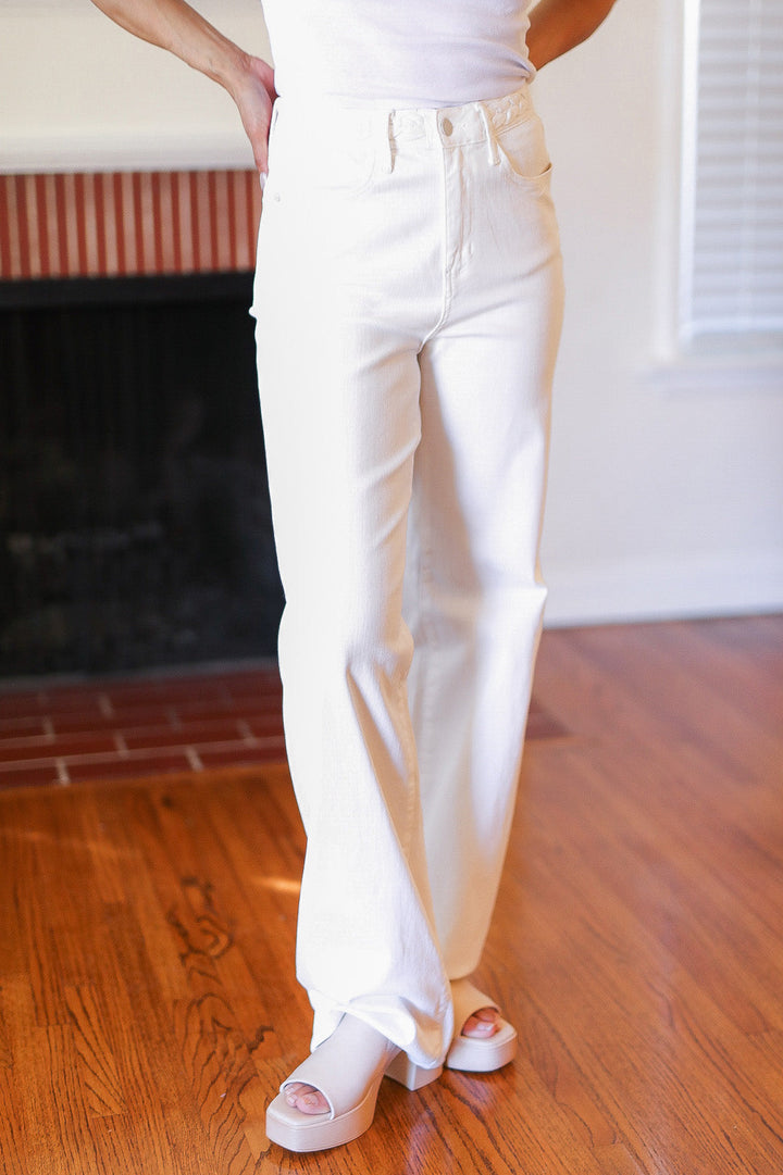 Above & Beyond White Braided Waist Wide Leg Jeans