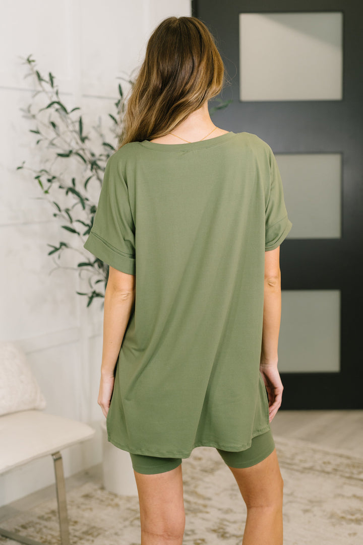 Buttery Soft V-Neck Bike Short Set in Light Olive   Womens Joy & Country