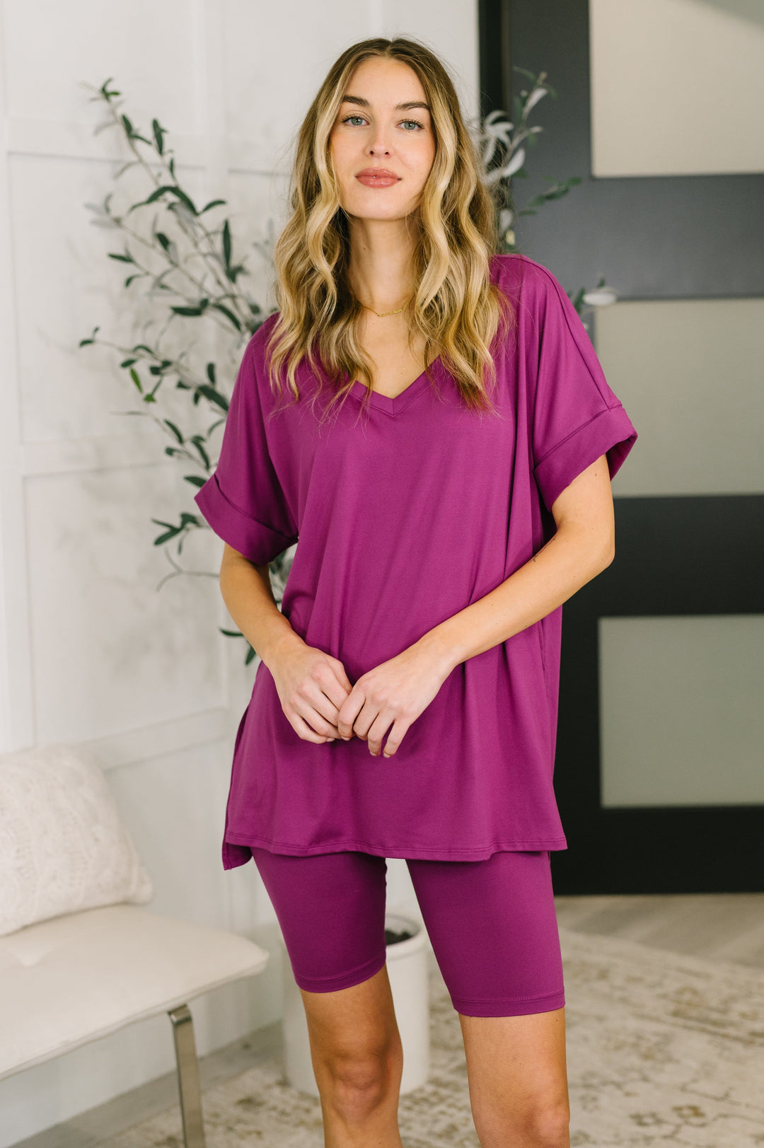 Buttery Soft V-Neck Bike Short Set in Lt Plum   Womens Joy & Country