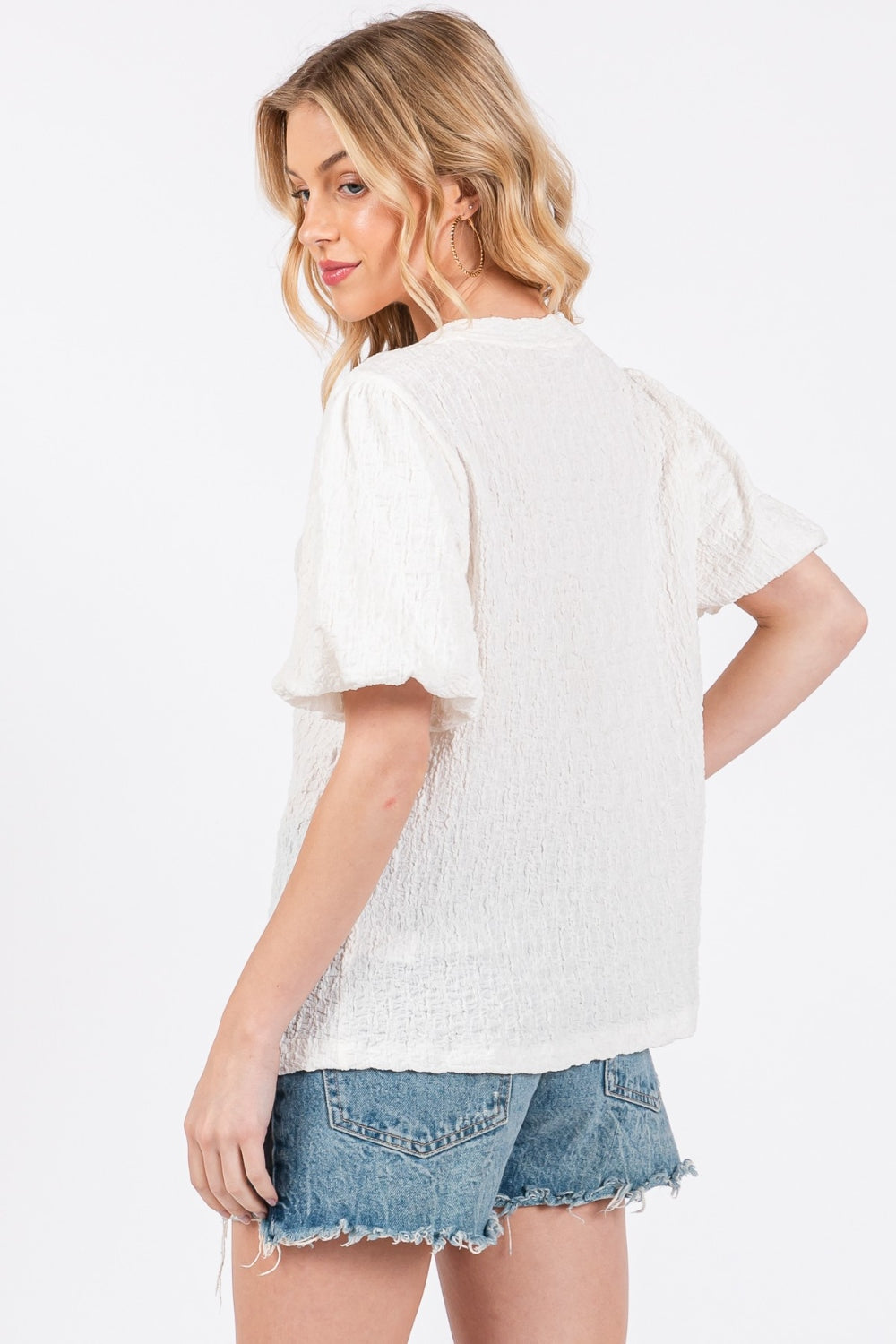 Touch of Drama Textured Puff-Sleeve Top