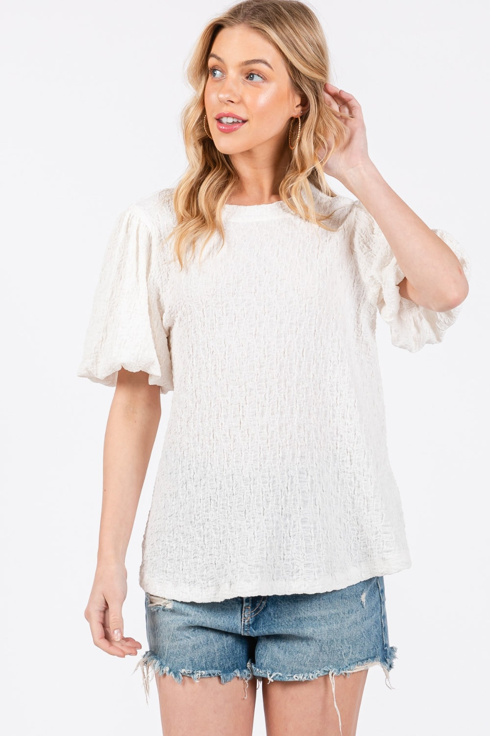 Touch of Drama Textured Puff-Sleeve Top