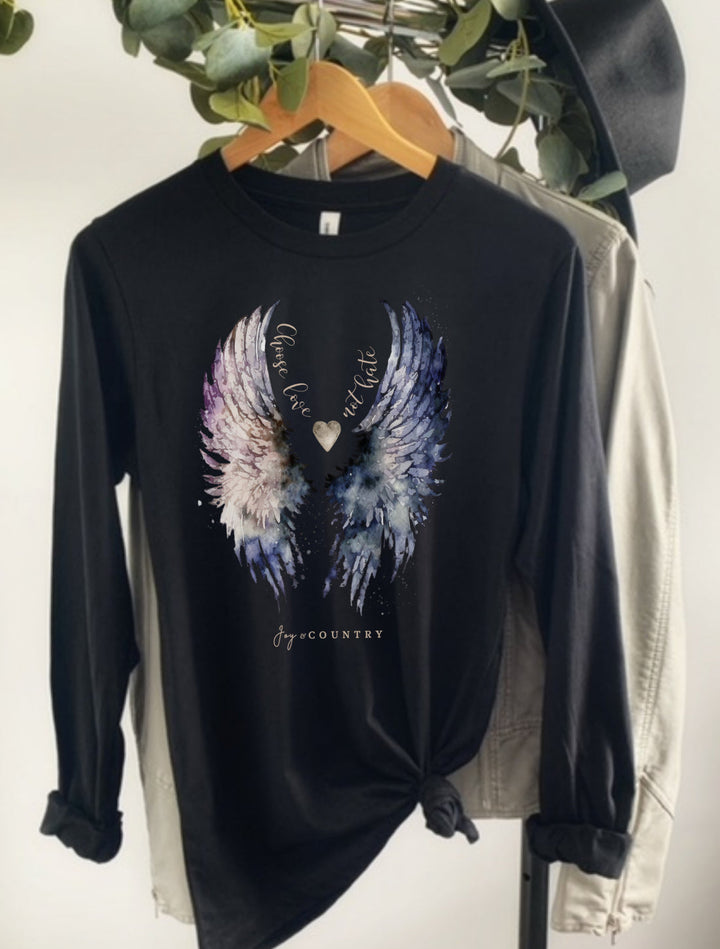 Choose Love; Not Hate - Angel Wings Watercolor Design - Unisex Long-Sleeve Tee   Long-sleeve Joy & Country