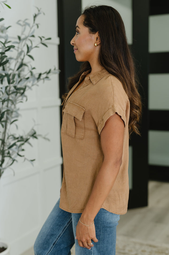 Cloud Nine to Five Button Down Blouse in Deep Camel   Womens Joy & Country