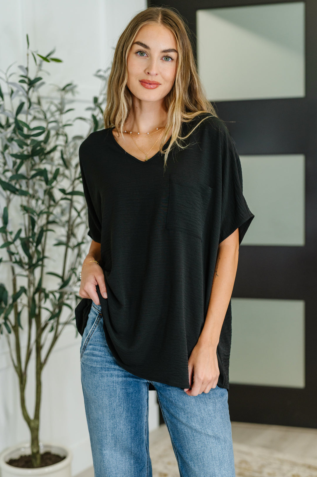 Coastal Ease V-Neck Top in Black   Womens Joy & Country