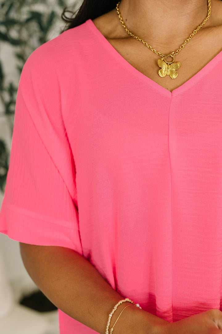Counter Part Crinkle Woven V-Neck Top in Neon Fuchsia   Womens Joy & Country