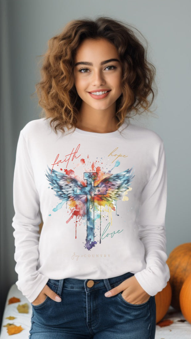 Faith, Hope, Love Cross With Angel Wings - Watercolor Design - Unisex Long-Sleeve Tee   Long-sleeve Joy & Country