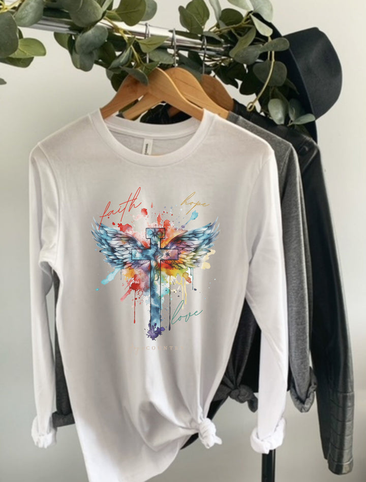 Faith, Hope, Love Cross With Angel Wings - Watercolor Design - Unisex Long-Sleeve Tee   Long-sleeve Joy & Country