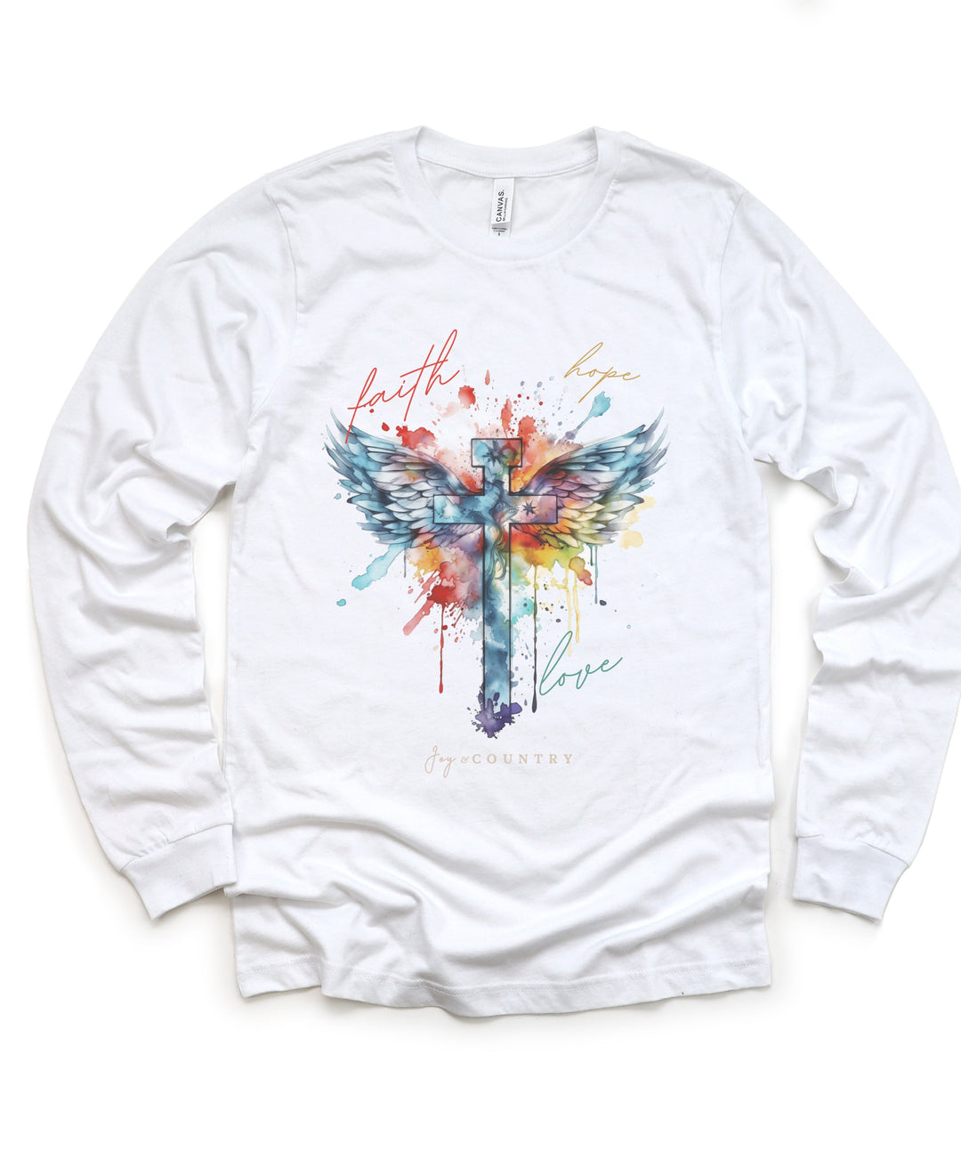 Faith, Hope, Love Cross With Angel Wings - Watercolor Design - Unisex Long-Sleeve Tee   Long-sleeve Joy & Country