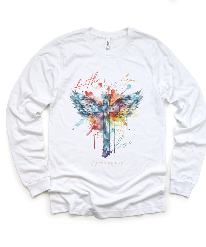 Faith, Hope, Love Cross With Angel Wings - Watercolor Design - Unisex Long-Sleeve Tee   Long-sleeve Joy & Country