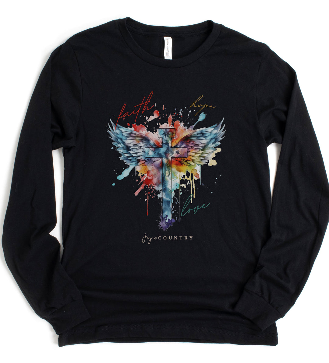 Faith, Hope, Love Cross With Angel Wings - Watercolor Design - Unisex Long-Sleeve Tee   Long-sleeve Joy & Country