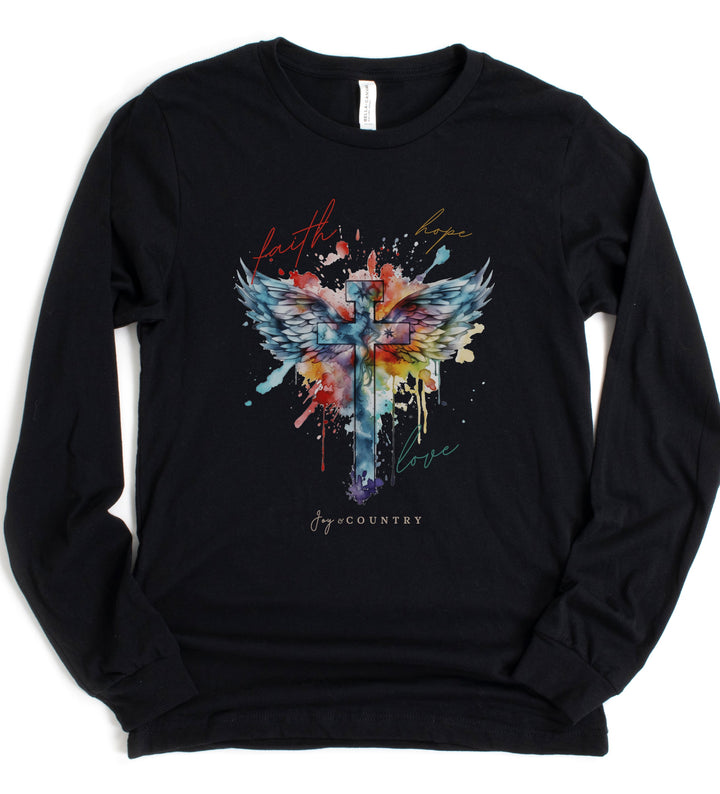 Faith, Hope, Love Cross With Angel Wings - Watercolor Design - Unisex Long-Sleeve Tee   Long-sleeve Joy & Country