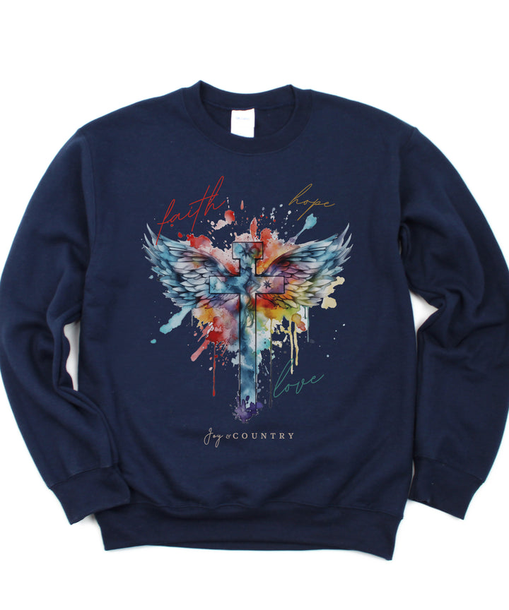 Faith, Hope, Love Cross With Angel Wings - Unisex Crew-Neck Sweatshirt