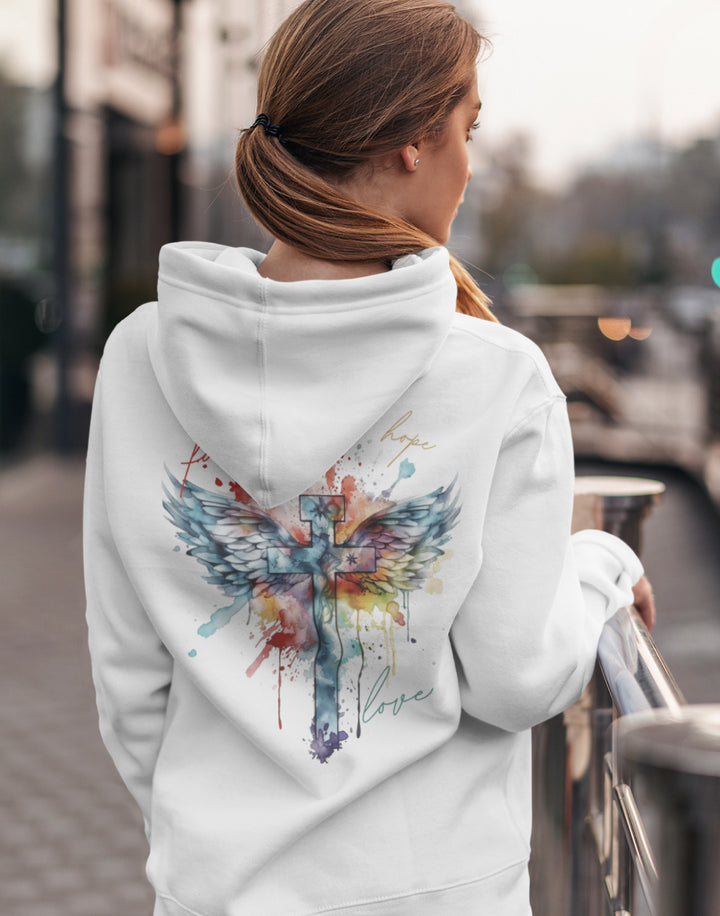 Faith, Hope, Love Cross With Angel Wings - Back Print - Unisex Hoodie Sweatshirt