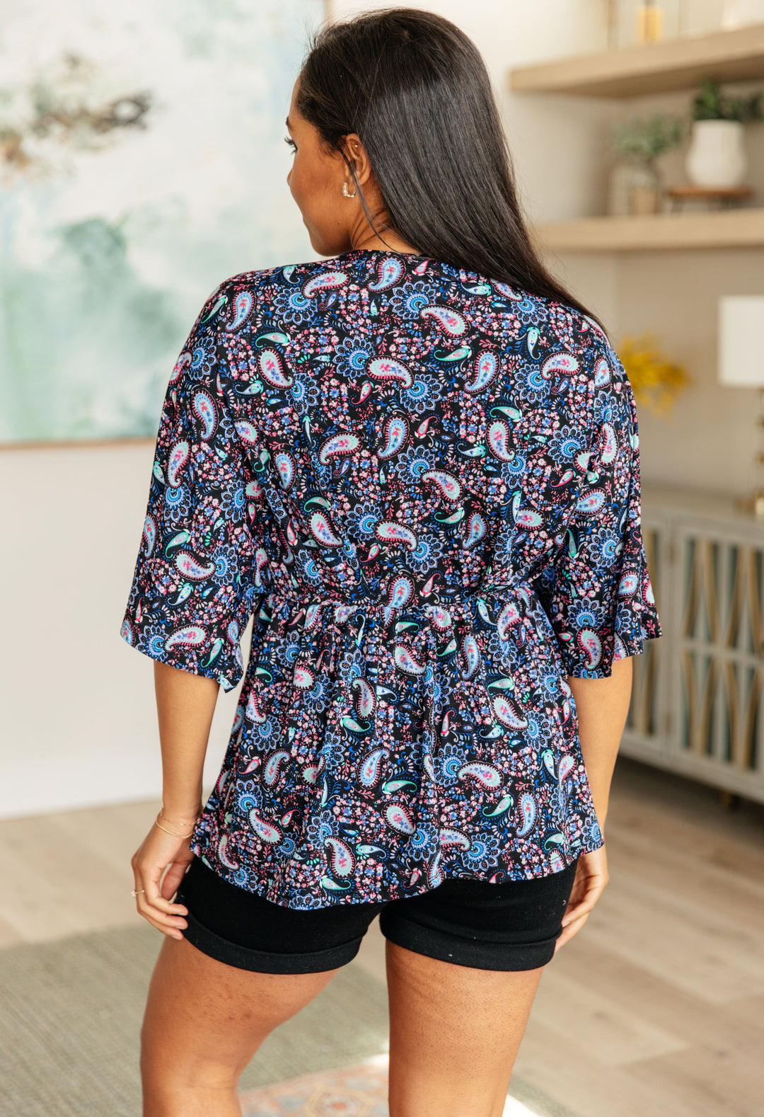 Peplum Top in Black and Periwinkle Paisley