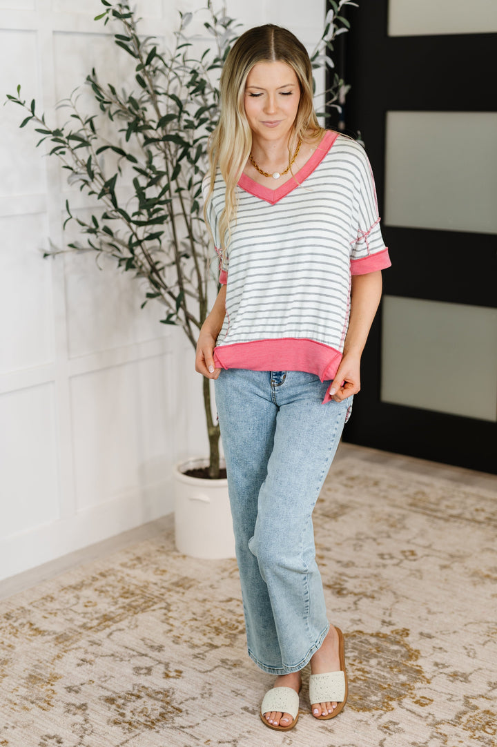 Dressed to Chill V-Neck Top in Heather/Grey/Ivory/Pink   Womens Joy & Country