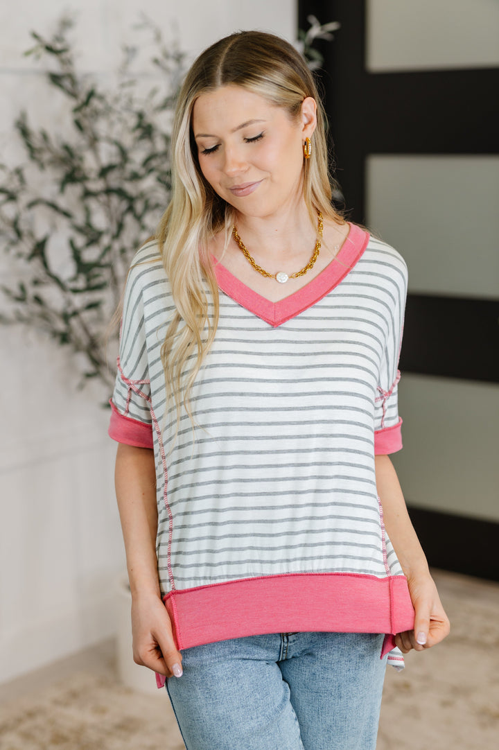 Dressed to Chill V-Neck Top in Heather/Grey/Ivory/Pink   Womens Joy & Country