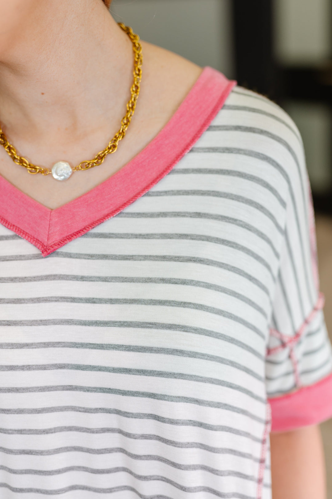 Dressed to Chill V-Neck Top in Heather/Grey/Ivory/Pink   Womens Joy & Country