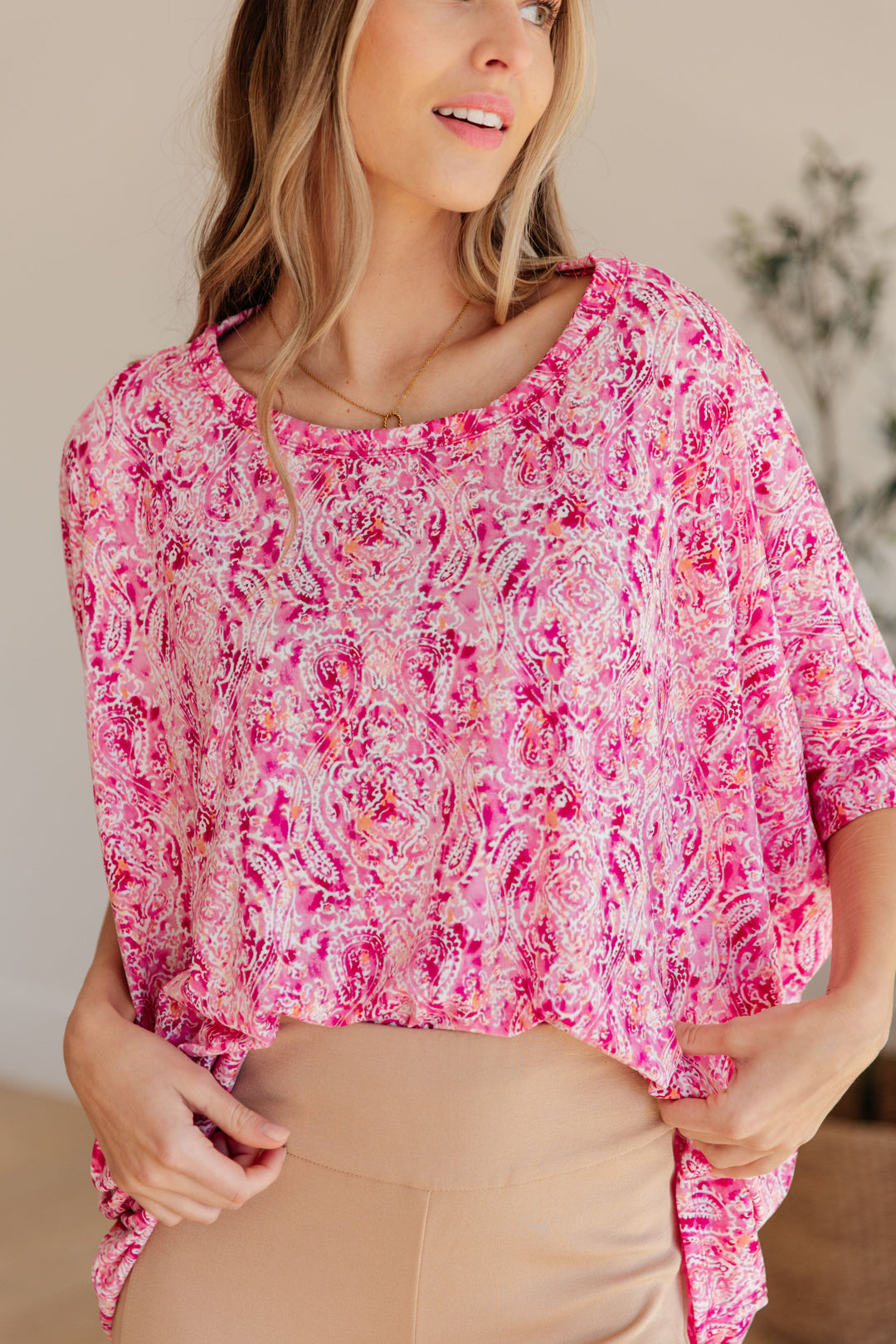 Essentially You Batwing Top - Fuchsia and White Paisley