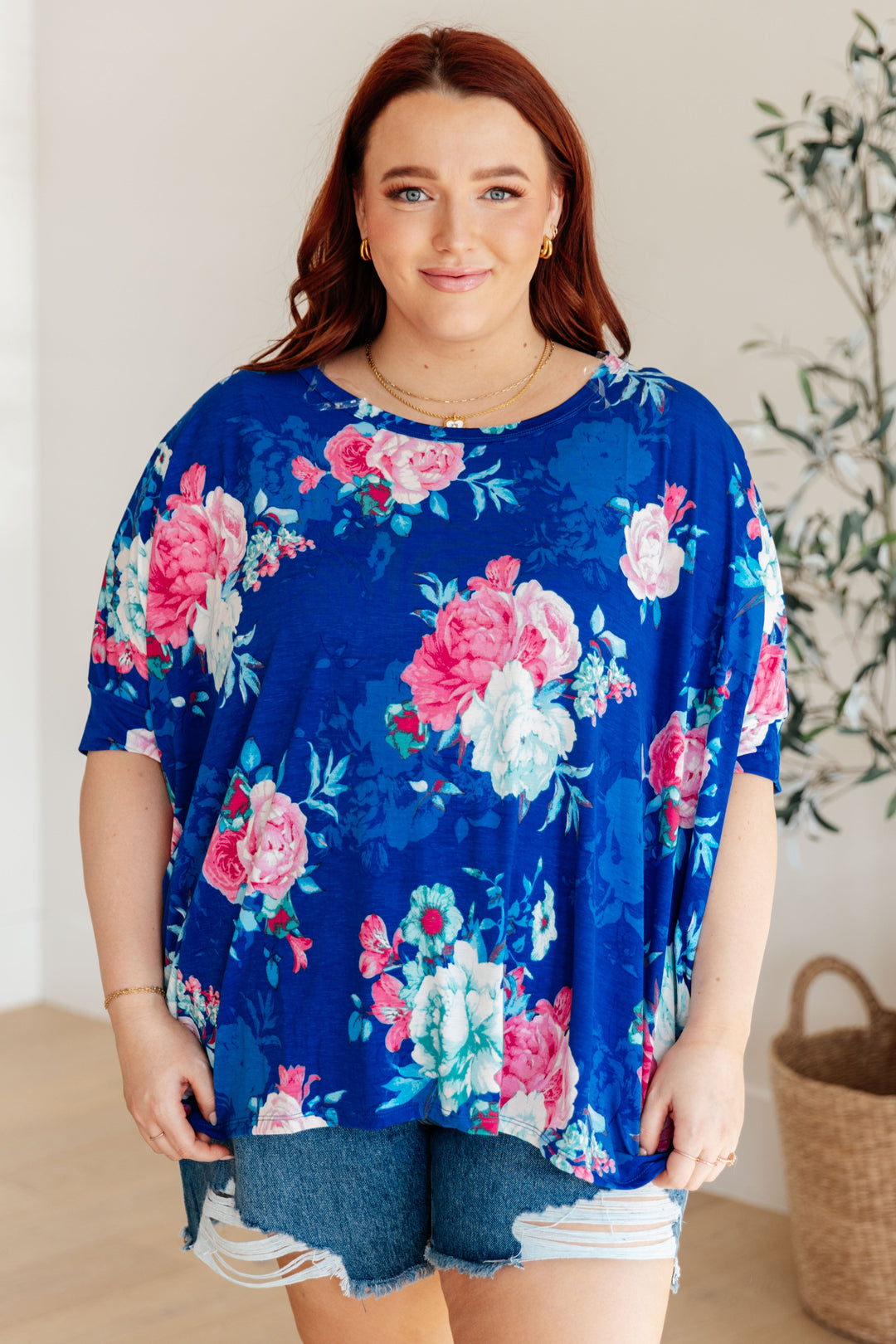 Essentially You Batwing Top - Royal and Pink Floral