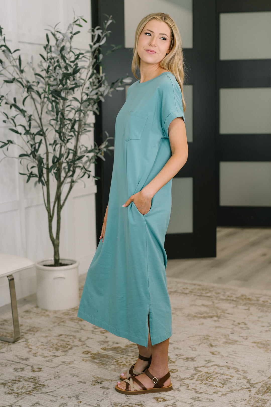 Fix You Right Up Short Sleeve Midi Dress in Dusty Teal   Womens Joy & Country